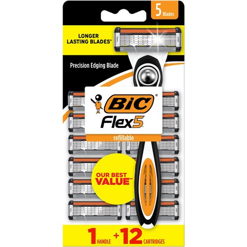 BIC Flex 5 Refillable Razors for Men, Long-Lasting 5 Blade Razors for a Smooth and Comfortable Shave, 1 Handle and 12 Cartridges, 13 Piece Shaving Kit