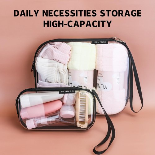 iRUNZO 3 PCS Clear Hard Shell Zipper Case With Handle Strap，Clear Plastic Waterproof Cosmetic Makeup Bags Toiletry Pouches for Travel With Double Zipper，Kid's Toy Storage Organizer Bins Box