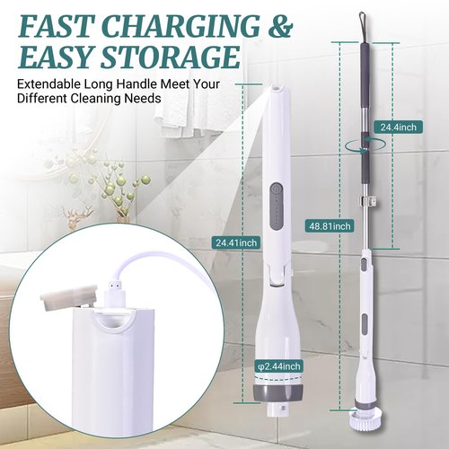 STARRY DREAM Electric Spin Scrubber, IPX7 Waterproof Shower Cleaning Brush with 8 Replaceable Brush Heads, Extendable Long Handle and 2 Adjustable Speeds Tools White