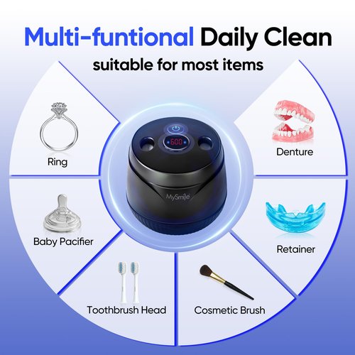 MySmile Dental Ultrasonic Retainer Cleaner Machine- 45kHz UV Denture Cleaner with 200ML Capacity for Aligner, Braces, Mouth Guard, Night Guard, Portable Dental Cleaning Pod with Digital Timer (Black)