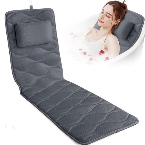 TranquilRelax Bath Pillow for Tub with Laundry Bag & 17 Non-Slip Suction Cups, Extra Thick and Soft Bathtub Pillow for Head, Neck & Shoulder Support, 51" x 16" Grey