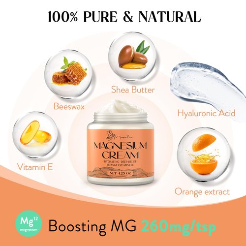 Manelix Magnesium Cream for Sleep - Topical Magnesium for Women, Muscle Relaxation, Calm, Moisturizing with Coconut Oil, Shea Butter & Hyaluronic Acid, 4.23 OZ, Safe for Kids (4.23 Ounce, Orange)