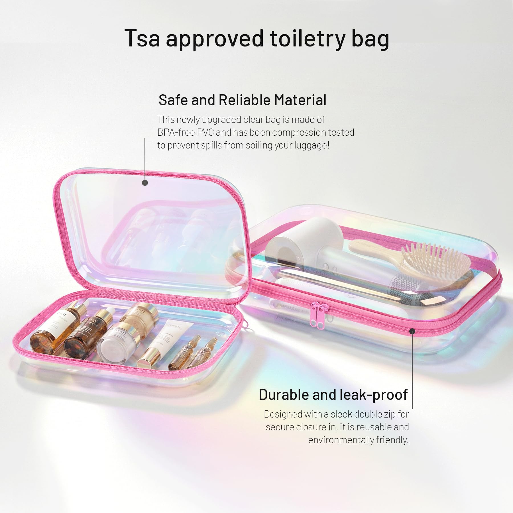 YSHXNX Clear Hard Shell Zipper Case,Makeup Bag,Iridescent Toiletry Bag,2pcs Large Capacity Water-resistant Toiletries Bag,Portable Travel Organizer and Storage,Bathroom Clear Cosmetic Case for Women