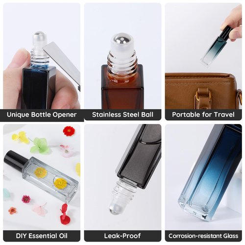 Segbeauty 0.34oz Essential Oil Roller Bottles for Travel, 5 Pack of Glass Roller Bottles Applicator 10ml, Refillable Roll on Bottle in Mixed Color, Travel Perfume Oil Bottle with Dispensing Tool Set