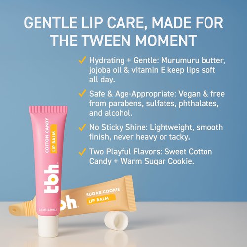 TBH Kids Lip Butter Balm for Kids | Vegan Tinted Lip Balm & Lip Gloss for Girls | Safe, Hydrating, Natural Tween Lip Care - Cotton Candy & Sugar Cookie Flavors