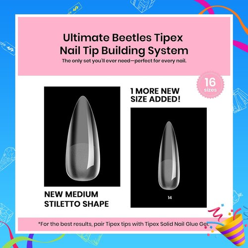 Beetles Tipex Instant Apex Nail Tips Kit, Medium Stiletto, 224 Pcs 16 Sizes Pre-Building Pre-Etched False Nail Tips with Tipex Nail Glue, Mini Nail Lamp