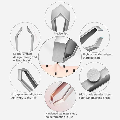 AUSOMTEK Beard Tweezers, White Hair Plucking, Fine Hair Removal, Eyebrows Shaping Tool, 5mm Tip, Stainless Steel, Cyan PU Case 1Pack