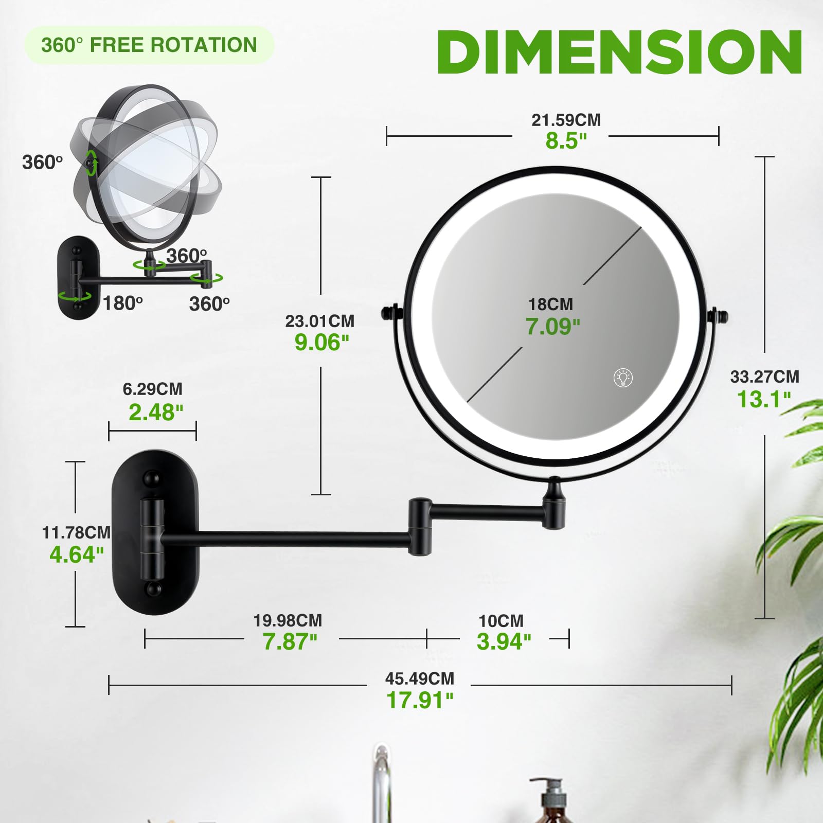 VORREMIRR Wall Mounted Makeup Mirror: 1x/15x Magnifying Mirror with 8.5" Double Sided, Vanity Makeup Mirror for Bathroom, Brush Black