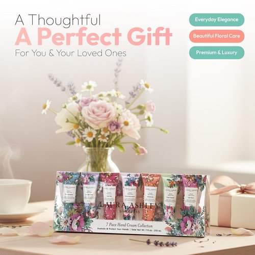 Laura Ashley Hand Cream Set - 7-Piece Travel Size Moisturizing Lotion Collection for Dry Skin | Floral Scents 30ml Each