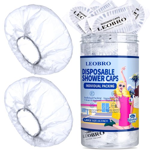 LEOBRO Individually Wrapped Disposable Shower Caps, 80pcs Large Plastic Shower Caps for Women Disposable, Plastic Hair Caps for Travel, Hotel Use, Travel Essentials for Women, 19.3 INCH