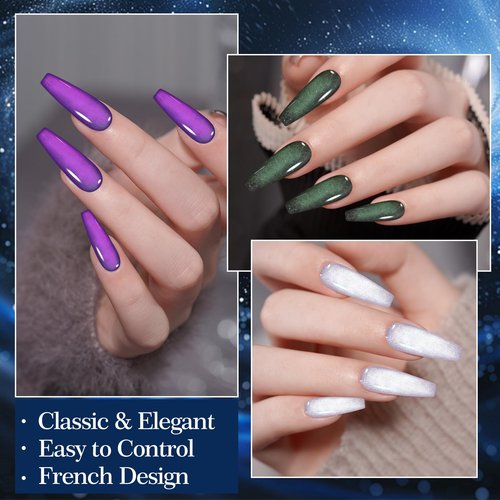Adhere 6Pcs 12ML Cat Eye Soak Off UV LED Gel Nail Polish Set, Colorful Light Ultrafine Magnetic Powder Blue Purple White Green Silver Cat Eye with Magnet