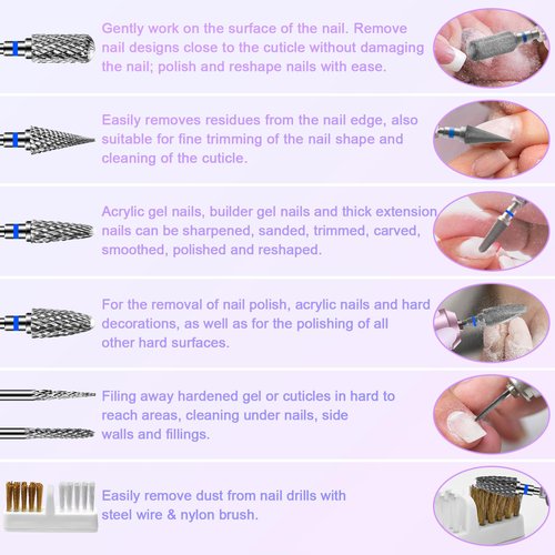 Diesisa 6 Pack Nail Drill Bits for Acrylic Nails, 3/32" Shank Drill Bits for Nails Professional Electric Cuticle Drill Bit, Cuticle Cleaner Nail Gel Polish Remover Tool for Home Salon Nail Bits-Blue