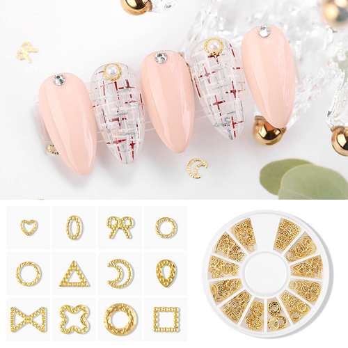 DANNEASY 6 Boxes Gold Nail Charms for Acrylic Nails Metal Hollow Nail Studs Heart Moon Star Cross Nail Art Charms Nail Jewels Charms for Nails 3d Nail Art Decoration
