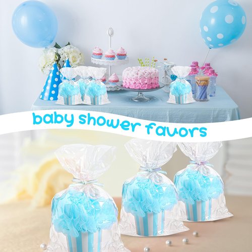 Afarnook 50 Set 50 Set Shower Loofahs for Guests Include Bath Sponge Loofahs with Cupcake Gift Packaging Bow and Clear Plastic Bags for Baptism Gender Reveal Birthday Wedding Stuffer (Blue)