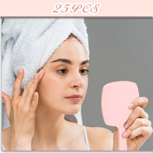 Threehoney 25 Pcs Hand Mirrors Bulk Small Handheld Mirrors with Handle 6.3 x 3.54 Inch Travel Makeup Tools Portable Vanity Glass for Bathroom Home Barber Salon Camping Gifts for Women (Pink)