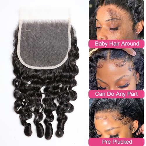 5x5 HD Lace Closure Burmese Curly 16 Inch Ultra-thin Transparent 15A Brazilian Virgin Human Hair Water Wave Lace Closure Free Part Pre Plucked with Baby Hair Quick Weave For Women