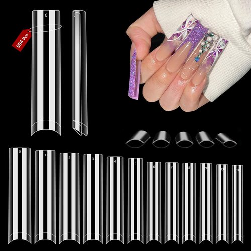 Quaferen Clear Square Nail Tips, 504PCS 3XL Long No C Curve Nail Tips, Half Cover Flat Tapered Square Straight Gel Acrylic Tips False Nails for DIY Salon Home