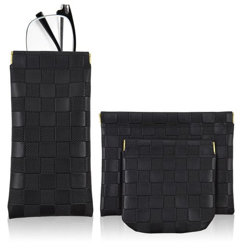 3PCS Small Makeup Bag for Women, Mini Cosmetic Bags Leather Pocket Pouch Purse,Snap Closure Waterproof Portable Bag,Checkered Storage Travel Bag for Lipstick Change Glasses Coin Cards (Black)
