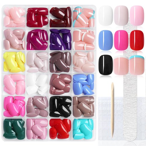 576pc XS Round Square Press on Nails Short Fake Nail with Glue Tabs, Extra Short Acrylic Press-on Nail Square Glue on Nails Press ons Nail French Tips False Nails Women Artificial Fingernails