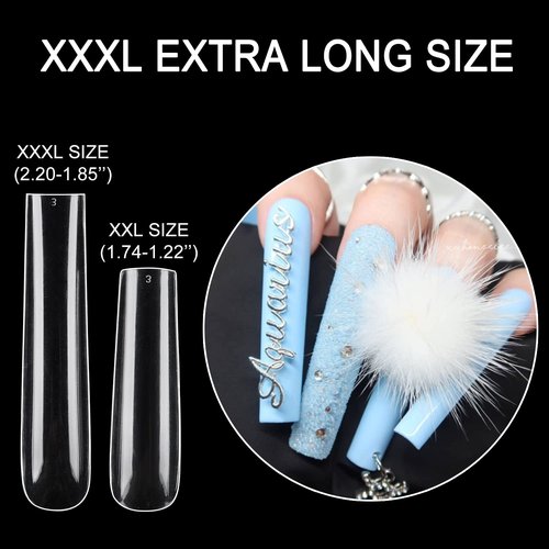 INENK 3XL Tapered Square Full Cover Nail Tips,360Pcs Clear XXXL Extra Long Straight Nail Tips for Acrylic & Press On nails, Manicure Tools Salon Home DIY (12 Sizes)