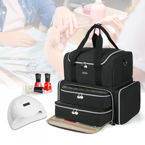 Extra Large Nail Polish Organizer Case Holds 80 Bottles & UV Lamp, Nail Organizers and Storage with 2 Removable Pouches, Travel Nail Supplies Carrying Bag for Nail Art Tech & Manicure Tools,Black