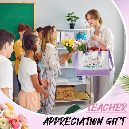 Hillban 4 Set Teacher Appreciation Valentines Gift Bulk Thank You Teacher Tote Bags Embroidery Inspirational Cosmetic Bag for Women (Pink,Purple)