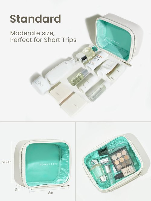 ROWNYEON Clear Makeup Bag - Waterproof Leather Travel Cosmetic Case for Women | Medium White