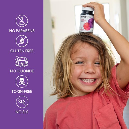 SUPER TEETH Oral Probiotic for Kids & Adults | 60 Strawberry Lactobacillus Reuteri Chewable Tablets | Freshens Bad Breath & Fights Cavities with BLIS M18 | Dental Probiotic to Support Oral Health