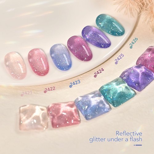 GAOY Glitter Jelly Gel Nail Polish Set of 6 Colors Including Pink Green Blue Purple Reflective Gel Polish Kit for Nail Art DIY Manicure and Pedicure at Home
