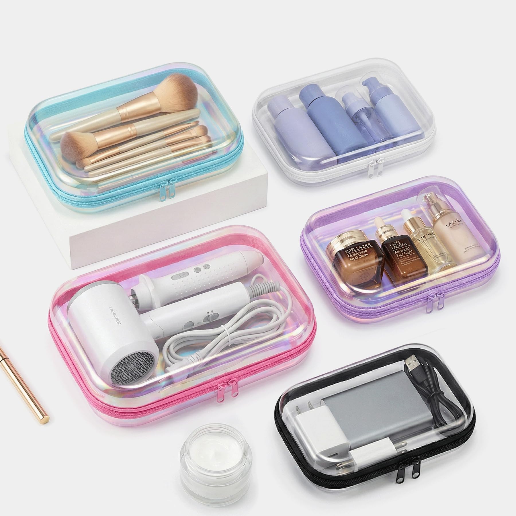 YSHXNX Clear Hard Shell Zipper Case,Makeup Bag,Iridescent Toiletry Bag,2pcs Large Capacity Water-resistant Toiletries Bag,Portable Travel Organizer and Storage,Bathroom Clear Cosmetic Case for Women