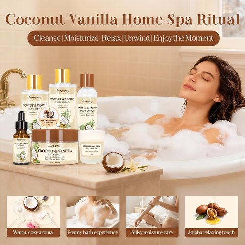 Jorceray 22PCS Valentines Day Spa Gift Baskets for Women, Luxury Bath and Body Gift Basket Set for Women Coconut Vanilla Spa Kit Relaxing Spa Self Care Gift for Her Wife Lover Mom Sister Friend