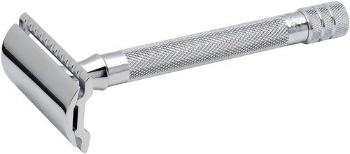 MERKUR 23C Double Edge Safety Razor - Polished Chrome, Long Knurled Brass Handle, Made in Germany, Plastic-Free, Three Piece Design, Closed Comb, Straight Bar