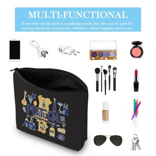 Portugal Vacation Travel Gift - Bachelorette Party Makeup Bag - Is Calling I Must Go (Must Go Portugal Black)