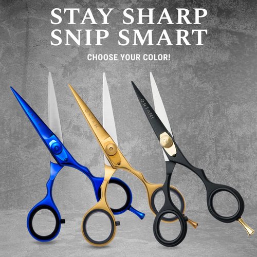 Ontaki Japanese Steel Beard & Hair Trimming Scissors - Precision Convex Blades Hair Cutting Scissors - Adjustable Tension Knob Barber Shears - Rubber Ring Grip & Mustache Comb - Gold Brass, 5.5 in