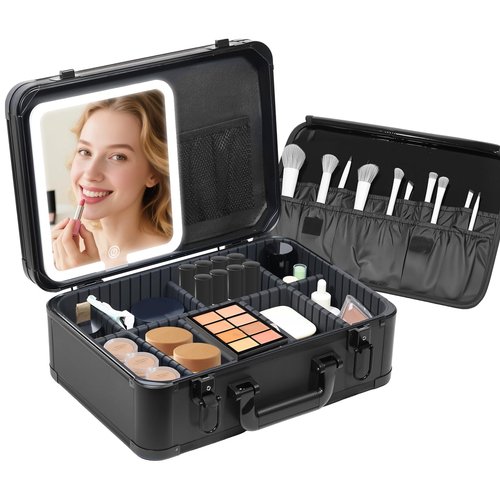 LivelyCove 15"x11" Makeup Case with Lighted Mirror & Brush Holder - Waterproof Travel Organizer, Customizable Storage, Rechargeable LED Vanity for Women (black)
