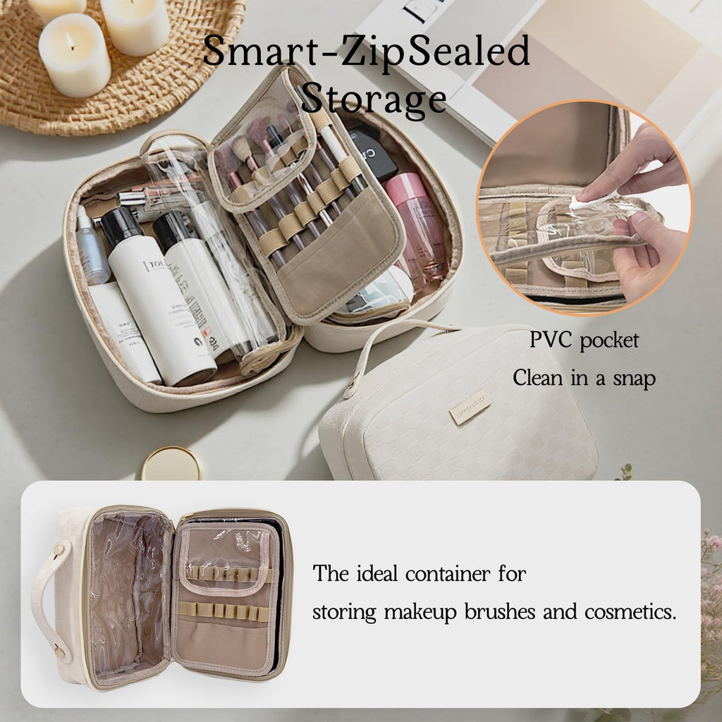 YDR Toiletry Bag with Brush Holder,Travel Makeup Bag Large Capacity Cosmetic Bag Organizer for Women Waterproof Checkered Multi-Compartment Makeup Case