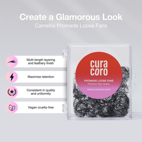 Curacoro Camellia Promade Fans - Handmade Volume Promade Eyelashes Fans 5D to 10D, C CC D Curl, Thickness 0.03~0.07mm, 7-14mm Mix Lengths, Professional Long-Lasting Promade Lash Fans