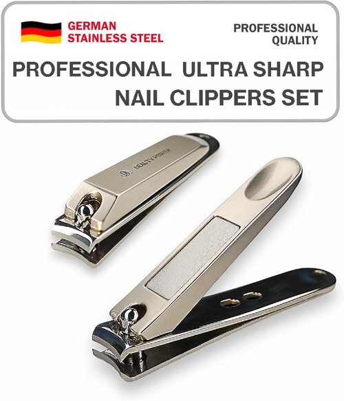 Beauty Power Nail Clippers Set 3 in 1 - Stainless Steel Toe Nail Clippers, Fingernail Clipper, Glass Nail File, Anti Splash, Ergonomic Grip in Black PU Leather Travel Case for Men & Women - Gift Idea