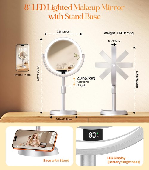 Gospire Plastic Frame 8" Lighted Makeup Mirror with Lights and Magnification, 20X Magnifying Mirror with Light for Makeup Desk, Height Adjustable and Digital Display, Shaving Mirror for Bathroom