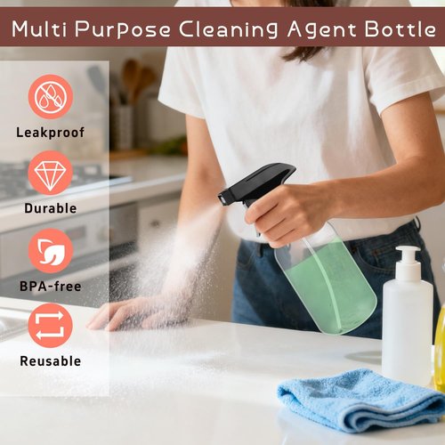 Skiennix 500ml Clear Boston Round Spray Bottles - Adjustable Nozzle for Fine Mist | Reusable Plastic Containers