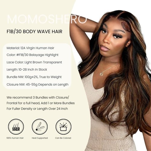 MOMOSHERO Black and Brown 2 Tones Highlighted Body Wave Single Bundles 14 In Human Hair, 12A Soft 100% Virgin F1B/30 Brazilian Colored Weaves Human Hair Bundles Extensions For Quick Weave Remy Sew In