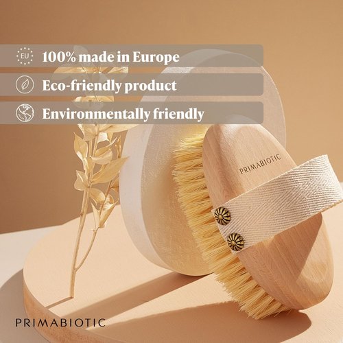Primabiotic Body Massage Brush with Pouch – Eco-Friendly Product from Europe – Beech Wood & Agave Fibers – Oval Handle with Cotton Strap – Ideal for Dry Massage and Cellulite Reduction