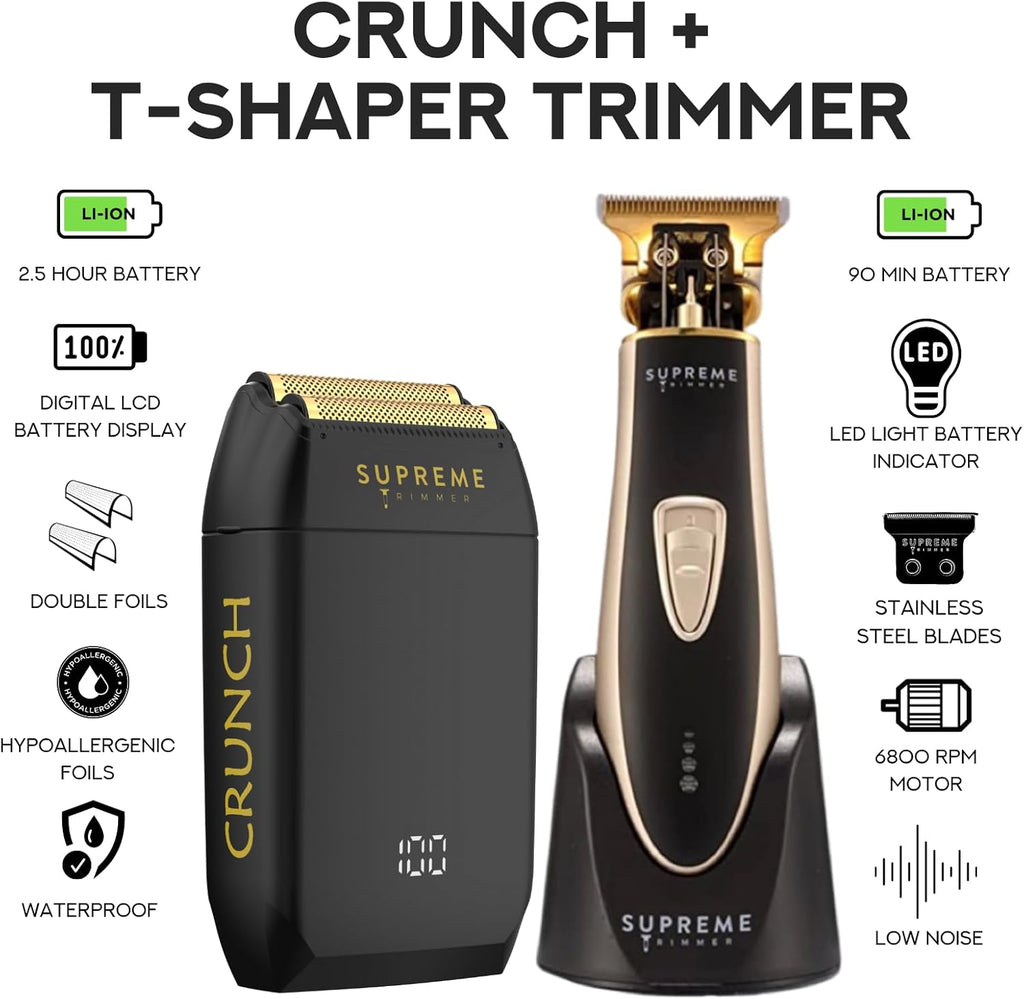 Supreme Trimmer 2-in-1 T-Shaper & Crunch Foil Shaver | Electric Razor & Beard Trimmer Kit - Gold