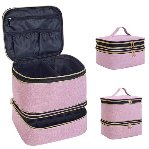 UOZL Nail Polish Organizer, Handheld Double Layer Nail Polish Storage with Adjustable Dividers, Holds 30 Bottles (15ml/0.5 fl.oz) for Nail Polish Lamp Manicure Tools and Essential Oil, Pink