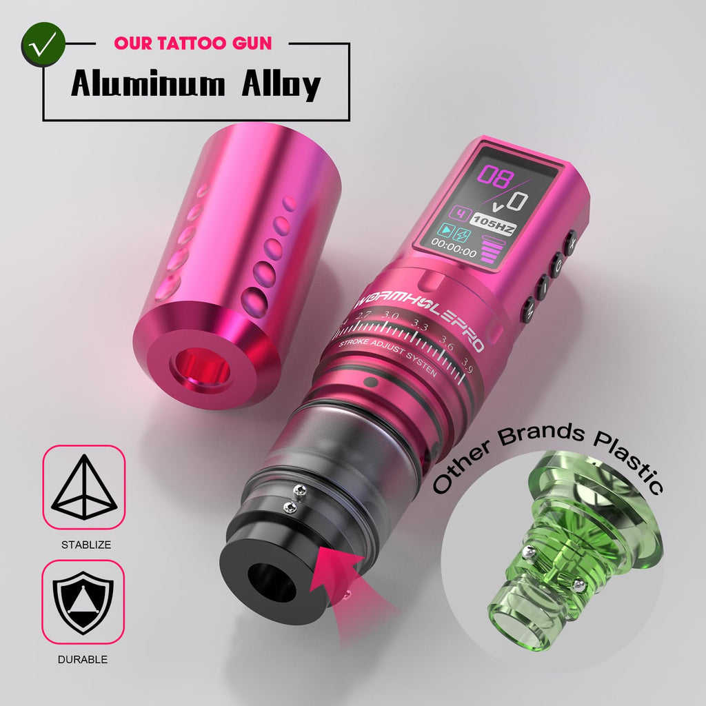 WORMHOLE PRO 80PCS Tattoo Gun Kit with 7 Adjustable Strokes, 1,800 mAh Capacity Replacement Power Supply, Digital LED Display, 20Pcs Tattoo Needles for Artists VIRGO - Pink
