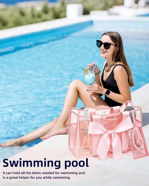 Skiennix Jelly Tote Bag - Stylish Pink Beach Bag with Bow | Large Waterproof Zipper Design
