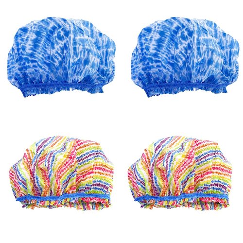 Betty Dain Reusable Vinyl Shower Cap & Bath Cap (4 Pack), Frosted PEVA Elastic Stretch Hem. Waterproof Stretchy Hair Cap for all Hair Lengths - Hipster Collection
