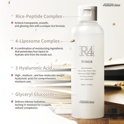 NATURECLASS R4 Hydrating Rice Toner – Glass Skin, Toner for Face, Deep Moisturizing, Rice Water, Hyaluronic Acid, Squalane, Korean Skin Care, Fragrance Free, Sensitive Skin, 6.76 fl oz