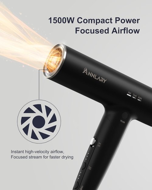 Annlary Hair Dryer - Ionic Blow Dryer with Diffuser for Curly Hair | Low Noise & Travel-Friendly Design