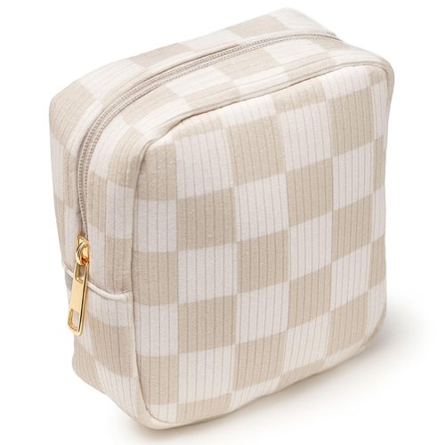 Vessara Mini Makeup Bag, Small Makeup Bag for Purse, Small Cosmetic Bag for Purse, Small Cosmetic Bag, Checkered Pouch, Cute Mini Pouch, Small Medecine Bag, Makeup Bag Small (Beige)
